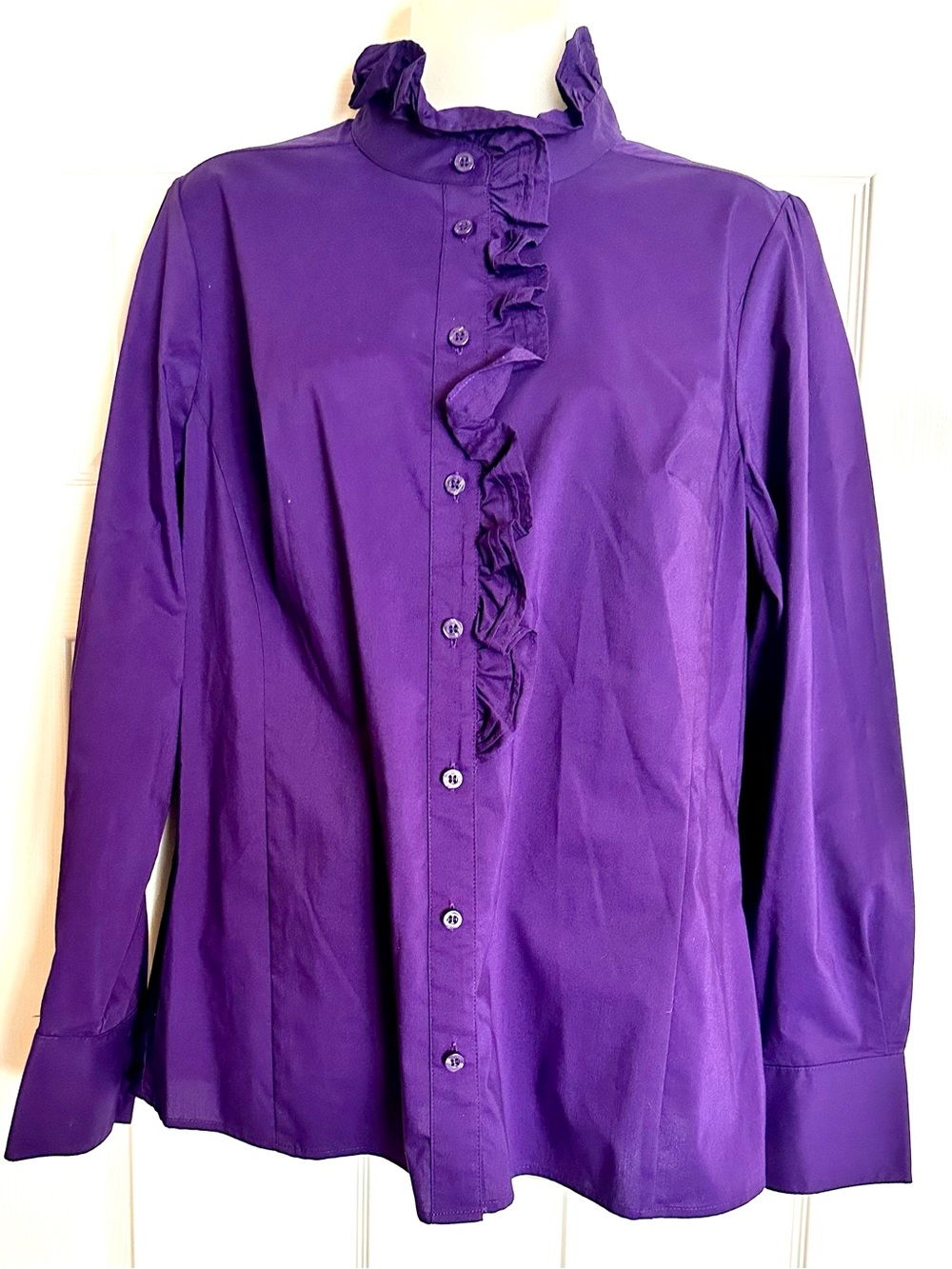 Worthington Vibrant Purple Ruffle Front Button-Down Blouse